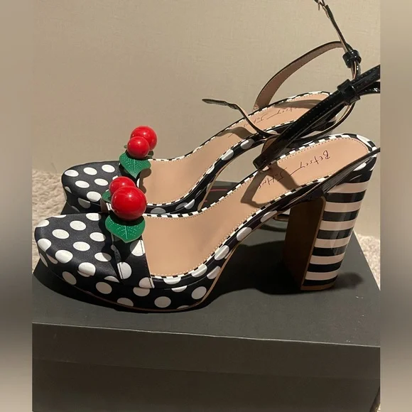 Betsey Johnson Black & White Polka Dot Platforms with Red Cherry Accent - Picture 3 of 6